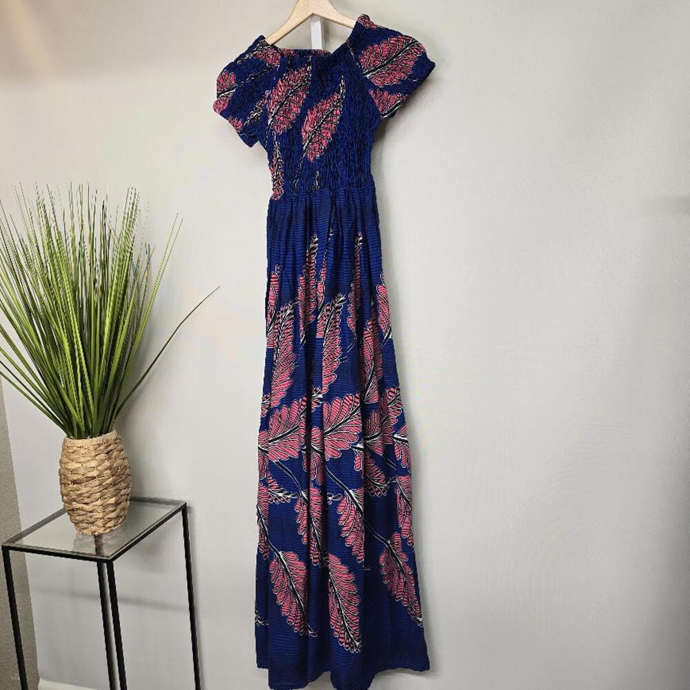 Cotton Blue‎ Pink Leaf Print Smocked Maxi Dress Off Shoulder Summer Boho
